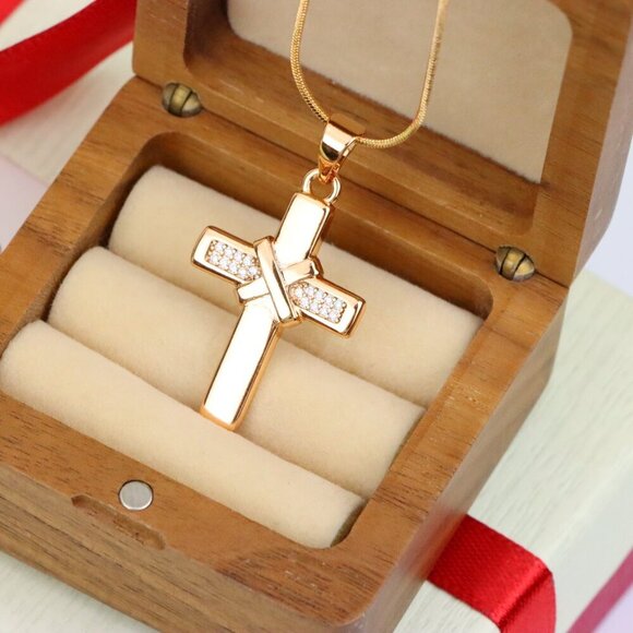 "Rose Gold Cross Pendant with Crystal Detail and Polished Finish, XPPT1484 - Picture 2 of 13